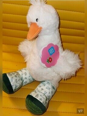 Gigglescape White Plush Duck with Green Rain Boots 13" NWT
